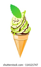 Ice cream cone with mint and chocolate flavor over white