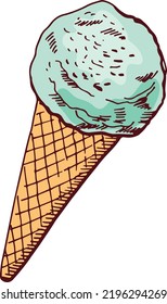 Ice cream cone. Mint flavored scoop in waffle