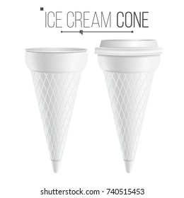 Ice Cream Cone Mock Up Vector. 3D Realistic Blank. Clean Packaging. For Dessert, Sour Cream. Isolated Illustration.
