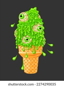 Ice cream cone monster eyes in slime. Creative vector illustration for poster, banner, card, menu