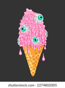 Ice cream cone monster eyes in slime. Creative vector illustration for poster, banner, card, menu