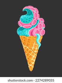 Ice cream cone monster's tentacle. Pink tentacles of a monster with dripping slime and glaze. Creative vector illustration for poster, banner, card, menu