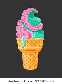 Ice cream cone monster's tentacle. Pink tentacles of a monster with dripping slime and glaze. Creative vector illustration for poster, banner, card, menu