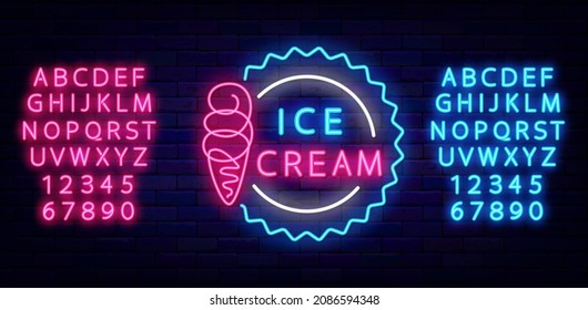 Ice cream cone neon sign with shiny alphabet. Candy shop emblem. Summer dessert. Night bright signboard on brick wall background. Luminous label. Editable stroke. Isolated vector stock illustration