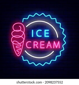 Ice cream cone neon sign. Candy shop emblem. Summer dessert. Night bright signboard on brick wall background. Luminous label. Editable stroke. Isolated vector stock illustration