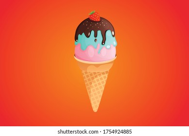 Ice cream cone with nuts, chocolate and strawberries. Vector flat ice cream illustration.