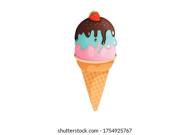 Ice cream cone with nuts, chocolate and strawberries. Vector flat ice cream illustration.