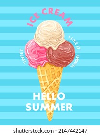 Ice cream cone on a blue striped background. Creative vector illustration for poster, banner, card, menu