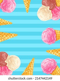 Ice cream cone on a blue striped background. Creative vector illustration for poster, banner, card, menu