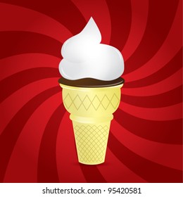 Ice cream cone with cream on dynamic background, vector illustration
