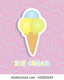 Ice cream. Ice cream in a cone on a pink background. Hello summer. Vector illustration.