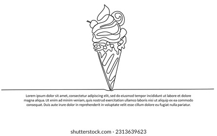 Ice cream cone one continuous line design. Restaurant food menu design concept. Decorative elements drawn on a white background.