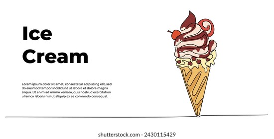 Ice cream cone one continuous line design. Restaurant food menu design concept. Decorative elements drawn on a white background.