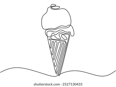 Ice cream cone in one continuous line drawing. Minimalist linear design for desserts and summer themes. Simplified hand-drawn illustration.