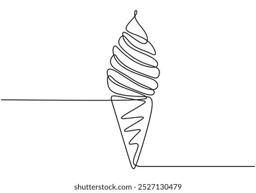 Ice cream cone in one continuous line drawing. Minimalist design for dessert and summer themes. Simplified hand-drawn linear illustration.