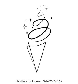 Ice cream cone One line drawing.Abstract ice cream cone with stars simple line design for logo, emblem,print,tattoo design.Vector black and white sketch illustration