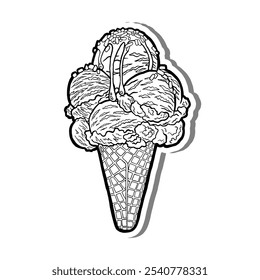 Ice Cream Cone Outline on white silhouette and gray shadow. Hand drawn cartoon style. Vector illustration for decorate and any design.