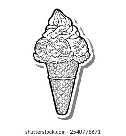 Ice Cream Cone Outline on white silhouette and gray shadow. Hand drawn cartoon style. Vector illustration for decorate and any design.