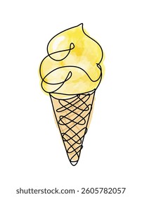 Ice cream cone painted in watercolor style featuring vibrant yellow tones offering sweet summer treat vibe against plain backdrop with copy space. Ice cream watercolor vector concept.