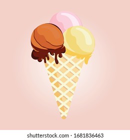 ice cream cone with pastel background. Tasty colorful ice cream for summer decorative, chocolate, strawberry, vanilla, sweets, dessert, web design or print. Vector Illustration.