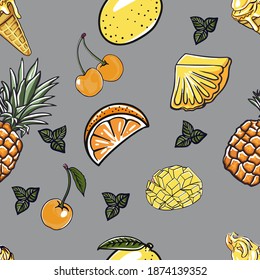 ice cream cone pattern with f tropical fruits in trending colors 2021