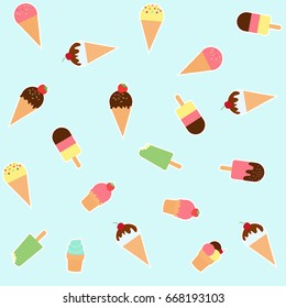 Ice cream cone pattern. Vanilla, chocolate, fruit ice cream and blue background. Ice cream sweet dessert.