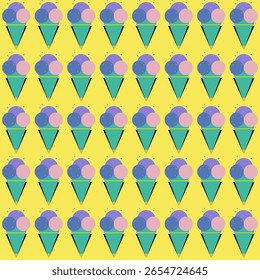 Ice cream cone pattern vector on yellow background. Cute pattern seamless. Concept of geometric shape, sweet, simple, minimal, dessert, summer, pixel for textiles, texture, paper, print, repeat.