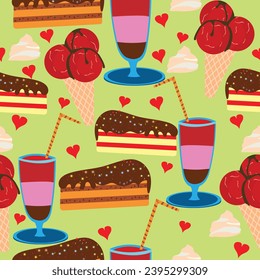 Ice cream cone and piece of cake with cocktail glasses seamless pattern; sweet food items and colorful cocktail glass with small hearts design