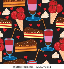 Ice cream cone and piece of cake with cocktail glasses seamless pattern; sweet food items and colorful cocktail glass with small hearts design