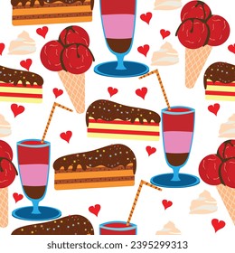 Ice cream cone and piece of cake with cocktail glasses seamless pattern; sweet food items and colorful cocktail glass with small hearts design