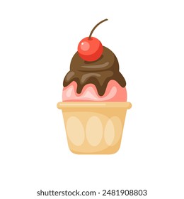 ice cream cone pink chocolate with cherry flat icon illustration