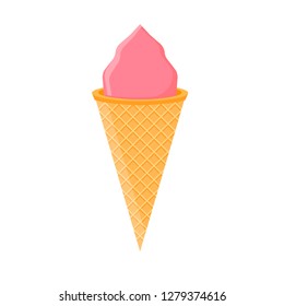 Ice cream cone pink flavor dairy vector icon. Colorful summer isolated white food waffle vanilla. Creamy sweet gelato