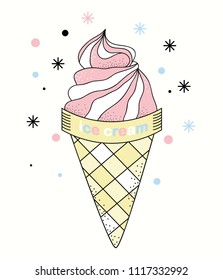 Ice cream cone with pink cream on white background vector image