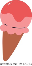 A ice cream cone with a pink scoop and a brown cone in a flat style. The cheerful dessert has a playful expression and simple lines. Cartoon vector illustration.