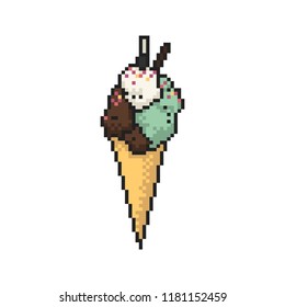 Ice cream in cone pixel art on white background. Vector illustration.