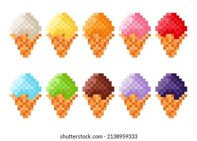Ice cream cone pixel art set. Vector illustration.