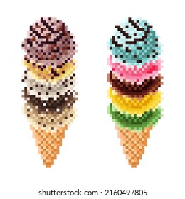 Ice cream cone pixel art set. Vector illustration.