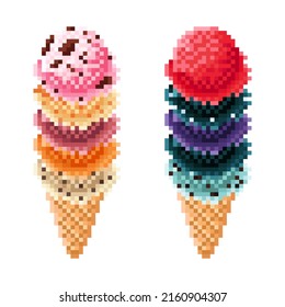 Ice cream cone pixel art set. Vector illustration.