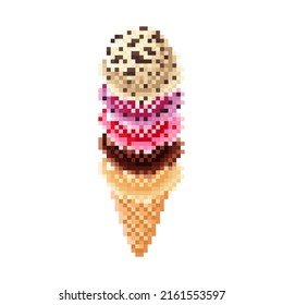 Ice cream cone pixel art. Vector illustration.