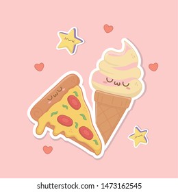 ice cream cone and pizza kawaii characters