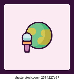 Ice Cream Cone and Planet Cartoon Icon with Outline Design Vector