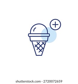 Cono de helado y símbolo plus. Nuevos sabores añadidos. Icono de Vector de trazo perfecto y editable
