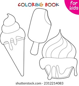 Ice cream in a cone, popsicle and in a bowl. Relaxation coloring template.