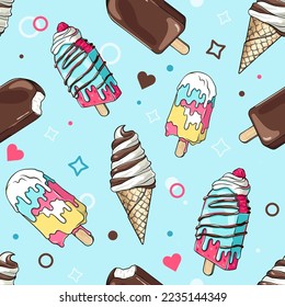 Ice cream cone, popsicle, eskimo seamless pattern, dessert background, comic style lineart drawing