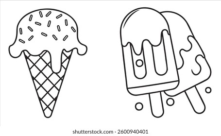 Ice cream cone and popsicle illustration in black and white.