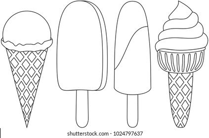 Ice cream cone popsicle line art black and white icon set. Coloring book page for adults and kids. Summer fast food vector illustration for gift card, flyer, certificate banner, logo, patch, sticker