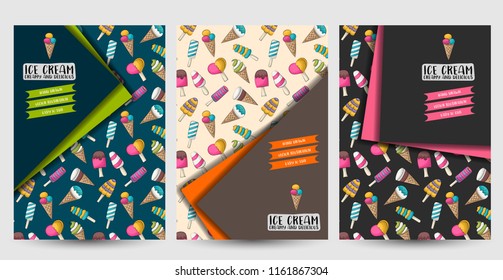 Ice cream cone and popsicles concept flyer or posters set. Background for advertisement, menu, brochure template. Vector illustration.