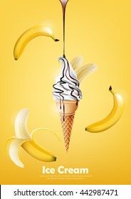 Sorvete no cone, Despeje xarope de chocolate e um monte de fundo de banana, Vector transparente