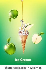 Ice cream in the cone, Pour green apple syrup and a lot of green apple background, transparent Vector