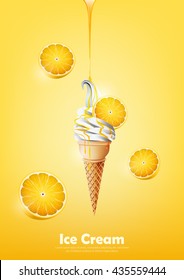 Ice cream in the cone, Pour lemon syrup and a lot of lemon background, transparent Vector